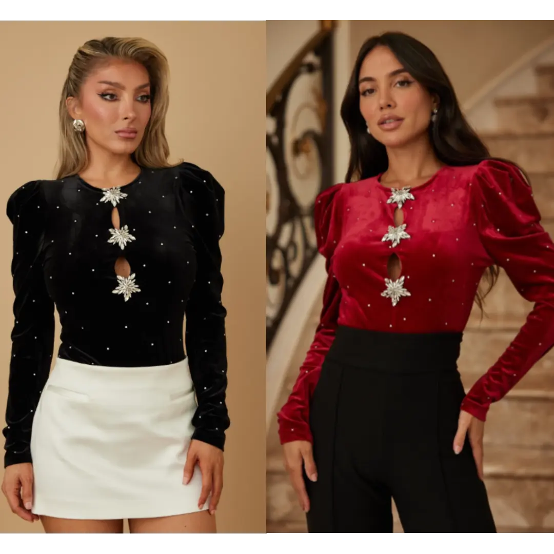 STAR TRIO TOP BODYSUIT - LONG SLEEVE WITH PUFF SHOULDER CAP DETAIL - MICRO OPENING FROM CHEST - VELVET MATERIAL WITH RHINESTONES ALL OVER TOP - ZIPPER ON THE BACK