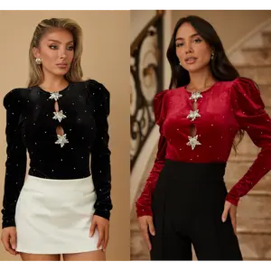 STAR TRIO TOP BODYSUIT - LONG SLEEVE WITH PUFF SHOULDER CAP DETAIL - MICRO OPENING FROM CHEST - VELVET MATERIAL WITH RHINESTONES ALL OVER TOP - ZIPPER ON THE BACK
