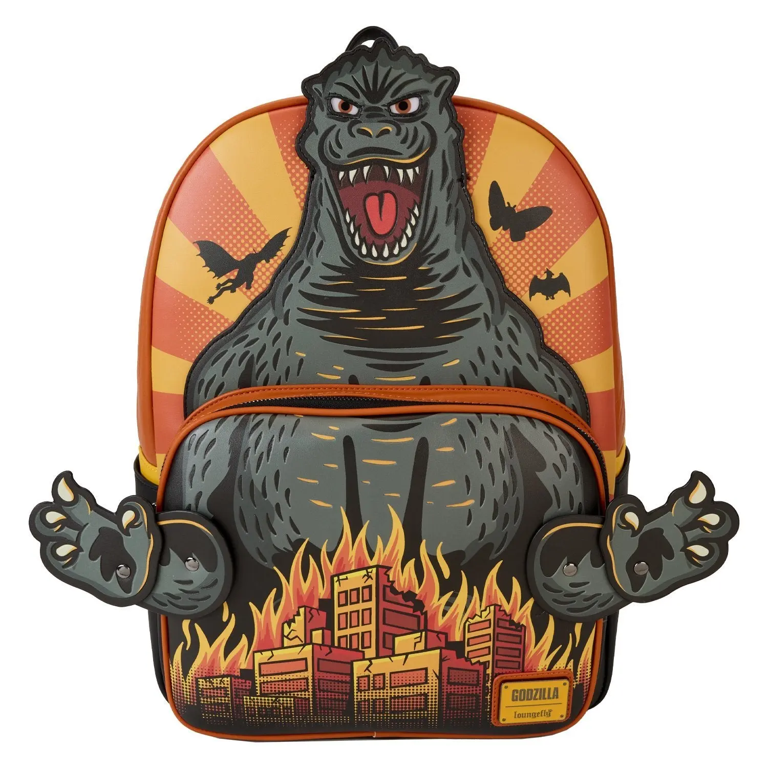 Loungefly Toho Godzilla Attack Graphic Full-Size Backpack - Faux Leather Functional Bag with Embroidery, Figure, Hidden Rivets, Bold Godzilla Art, Winged Monsters Shadows, City Siege Print, 12”W X 18”H X 5”D for Fans, Campus Use