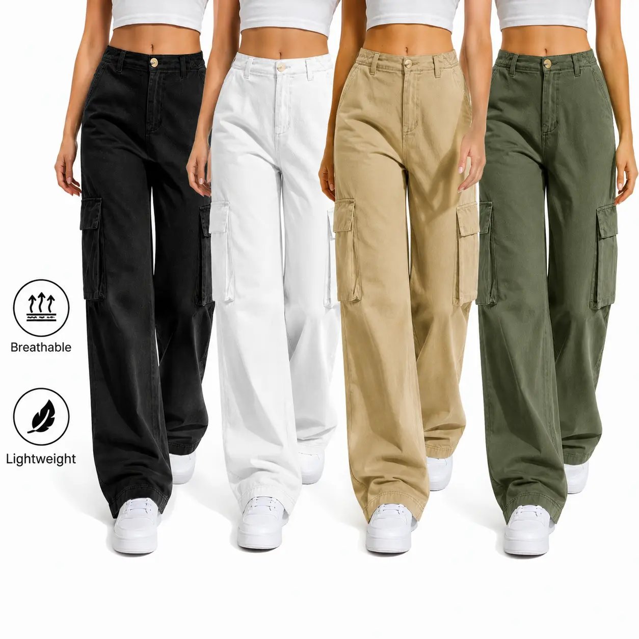 ZAVO 4PCS Women's Multi-Pocket Cargo Jeans - Low Waist Relaxed Fit Cotton Blend Full-Length Denim Pants, All-Season Casual Workwear Utility Trousers, Machine Washable Minimalist Streetwear Bottoms