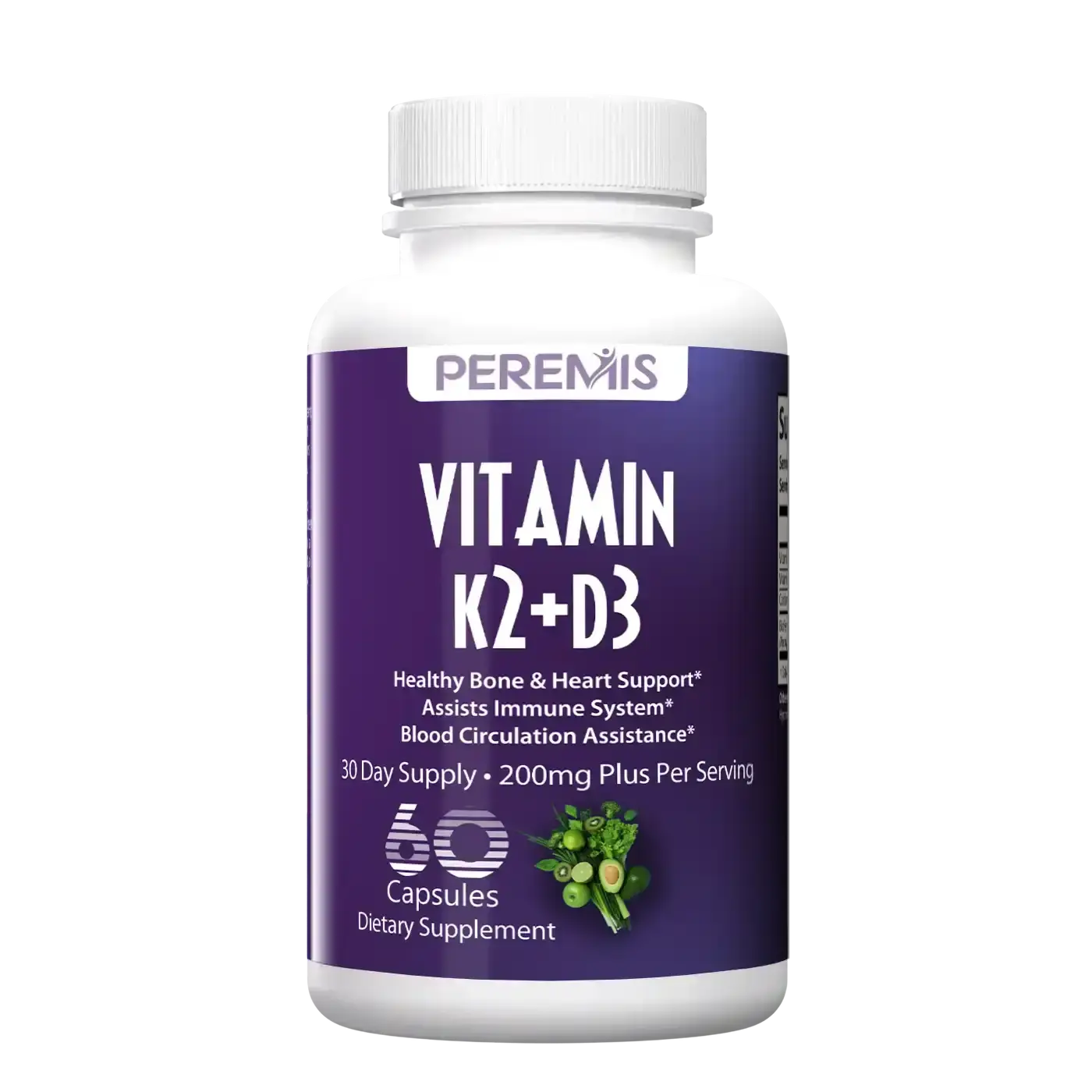 Peremis Vitamin D3 + K2 Supplement with BioPerine - D3 K2 (MK-7) & Calcium Complex for Bone, Heart & Immune Support - High Absorption Formula, Non-GMO Vegan, 60 Capsules