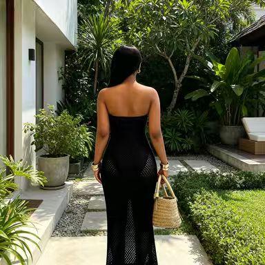 Women's Summer Crochet Mesh Strapless Cover-Up Dress, Womenswear Fake 2-Piece Fringe Beach Maxi Dress for Vacation