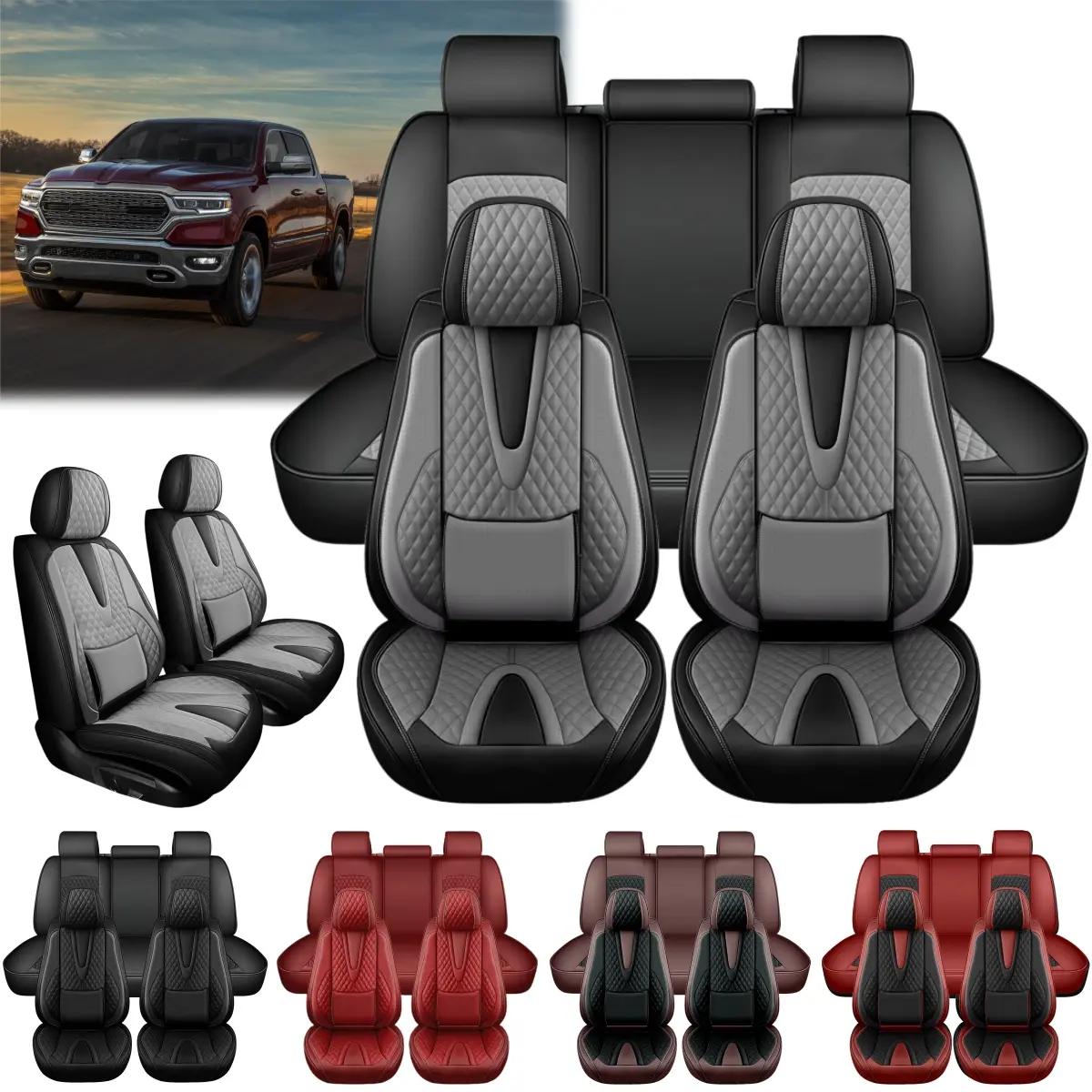For Dodge Ram 1500 2500 3500 2009-2023 (Not for 2024/2025) Car 5 Seat Covers Full Set, Premium Napa Leather Full Surround Design with Storage Bag, Front & Rear Seat Split Rear Benches Cushion Non-Slip Protector Pad, Vehicle Interior Decoration Accessories
