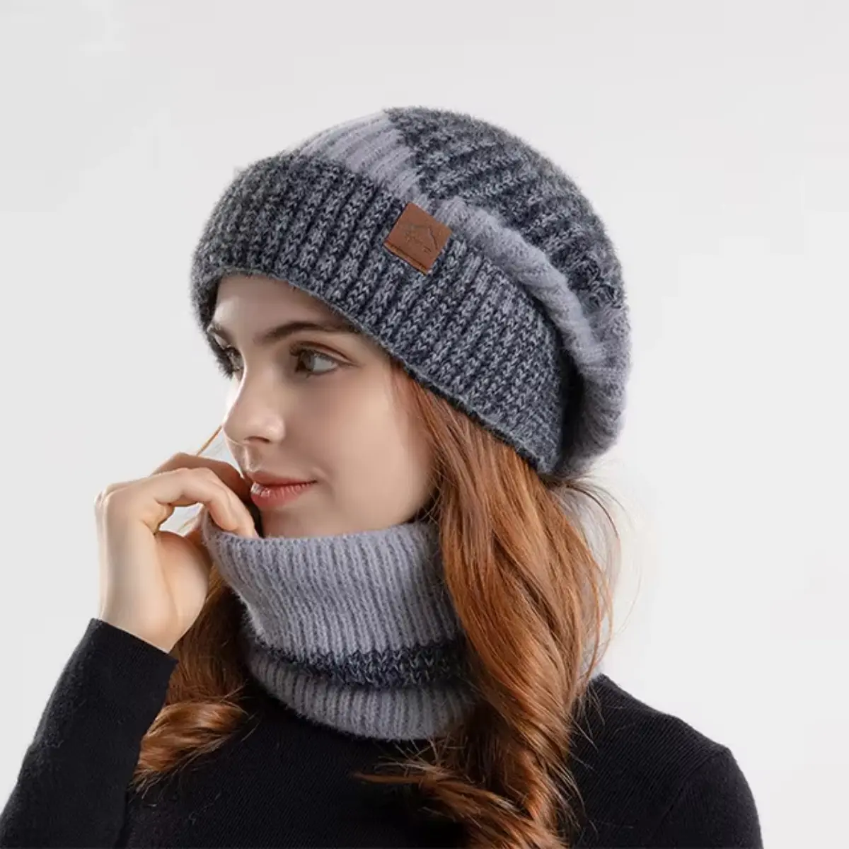 Winter New Double Color Hat for Women Thickened Warm Ear Cover Hat with Fuzzy Scarf Two-Piece Set Fashion Knit Hat