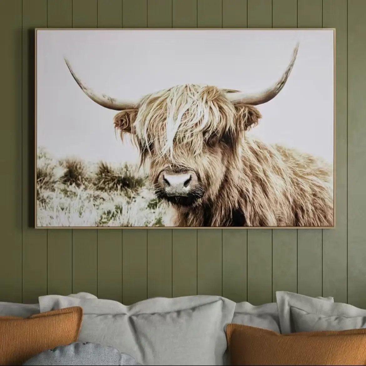 Beautiful Scottish Highland Cow Canvas Print H 20” X W 30” w/o frame Decor Poster Farmhouse Wall Hanging Cream Set Room
