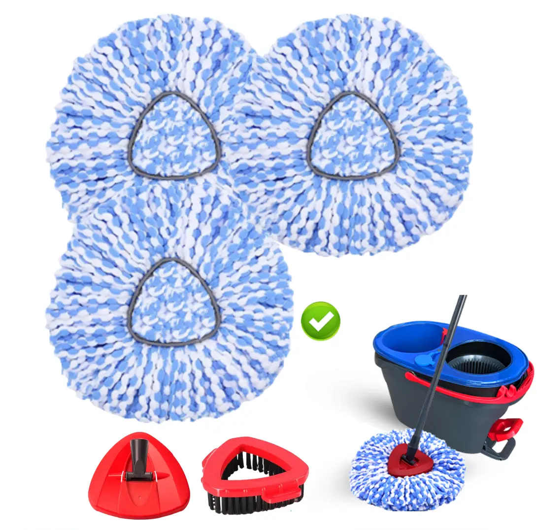 （ONLY Fit 2-TNAK）3 Pack Spin Mop Heads Replacement Compatible with O Cedar RinseClean 2 Tank, (No Bucket) Upgraded Scrub Brush and 1 Base Combo Set, M