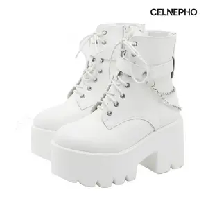CELNEPHO Platform Boots for Women Round Toe Chunky Wedge Heel Rave Boots Side Zipper Closure Goth Punk Booties Lace Up Metal Chain Design Cosplay Party Gift Spring Dress Shoes
