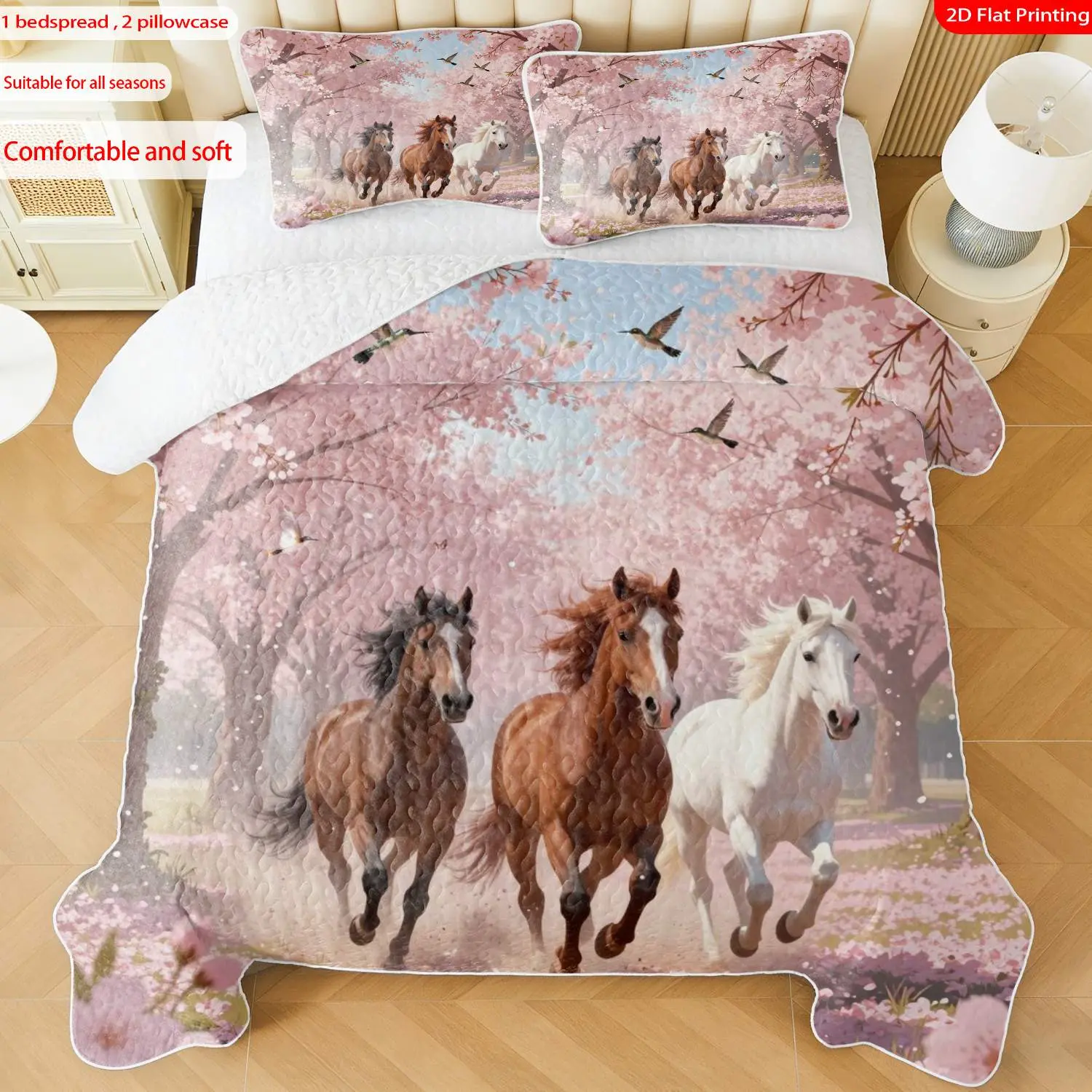3pcs, 2D flat print Watercolor Style Cherry Blossom & Running Horses Quilted Bedspread Set multiple sizes available, bedding set, festive decorative bedding, ideal for bedroom décor(1 bedspread , 2 pillowcase)