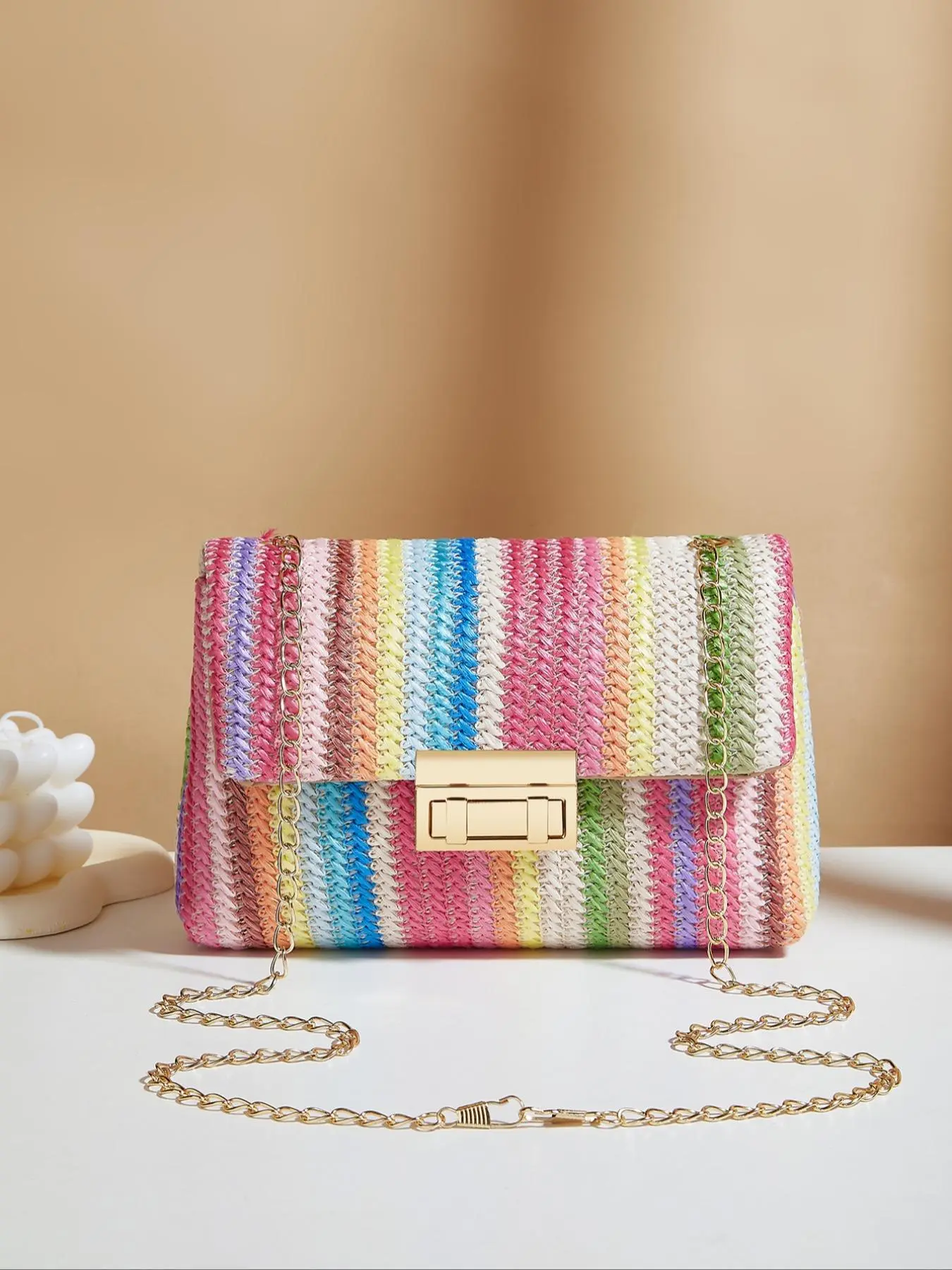 Chic Rainbow Stripe Straw Crossbody With Chain Colorblock Pattern Bag for Women - Adjustable Shoulder Strap, Magnetic Closure, Tassel Accent, Fashionable Square Purse Handbag Crossbody Bag