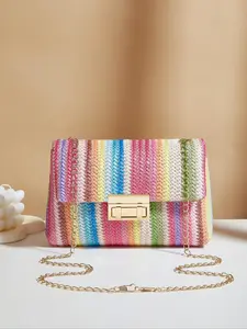 Chic Rainbow Stripe Straw Crossbody With Chain Bag for Women - Adjustable Shoulder Strap, Magnetic Closure, Tassel Accent, Fashionable Square Purse