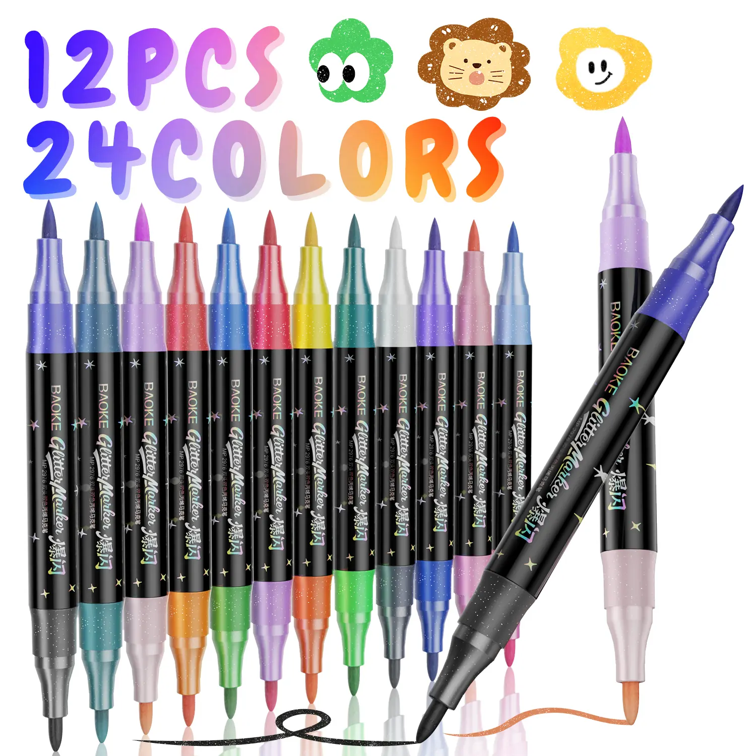 Glitter Acrylic Paint Markers, 24-Colors Precision Dual Tip Marker Pens, Performs on Rock, Wood, Paper, Fabric, Egg, Scrapbook, Glass, Ceramic, Canvas, DIY Crafts Art Gift, School Supplies
