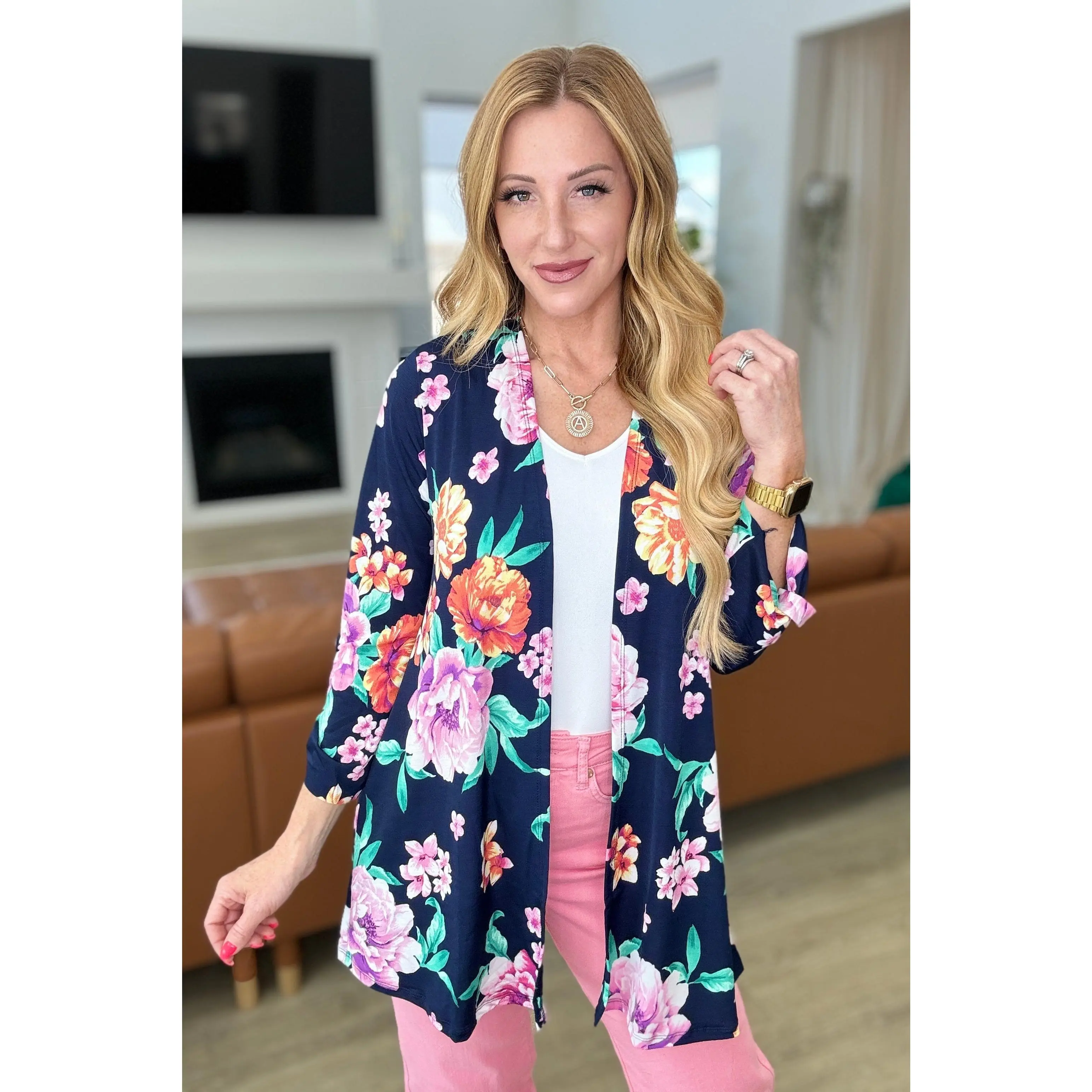 Lizzy Cardigan in Navy and Lavender Bouquet