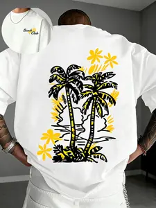 Men's Summer American Vintage Tropical Coconut Tree Print T-Shirt, Loose Round Neck Vacation Style Short Sleeve, Fitted H-Type