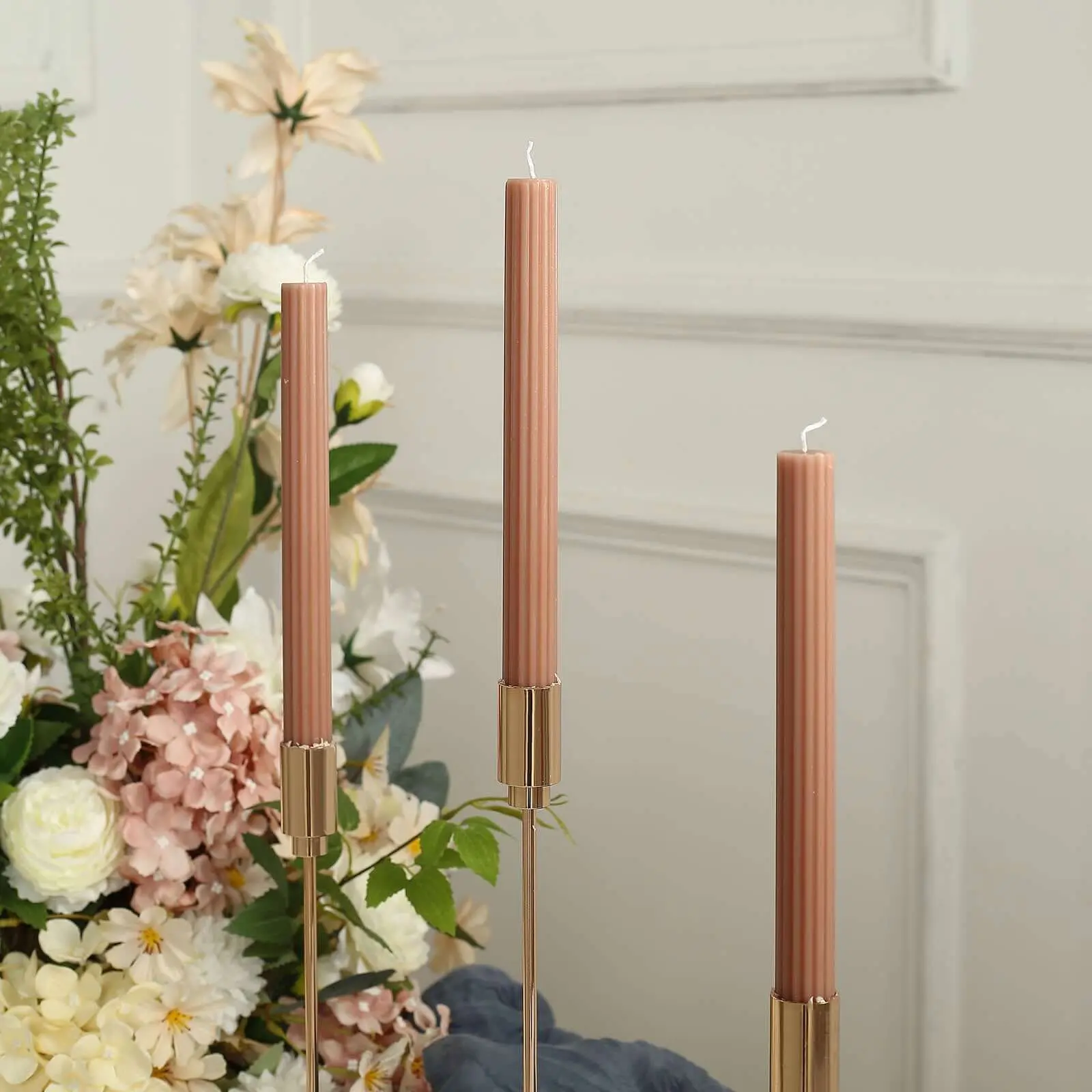 Premium Unscented 5-Pack 9-in Beige Taper Household Candles - Ribbed Wick, Ribbon Wax Design, Decoration, Event Decor, Birthday Use, Room Decor