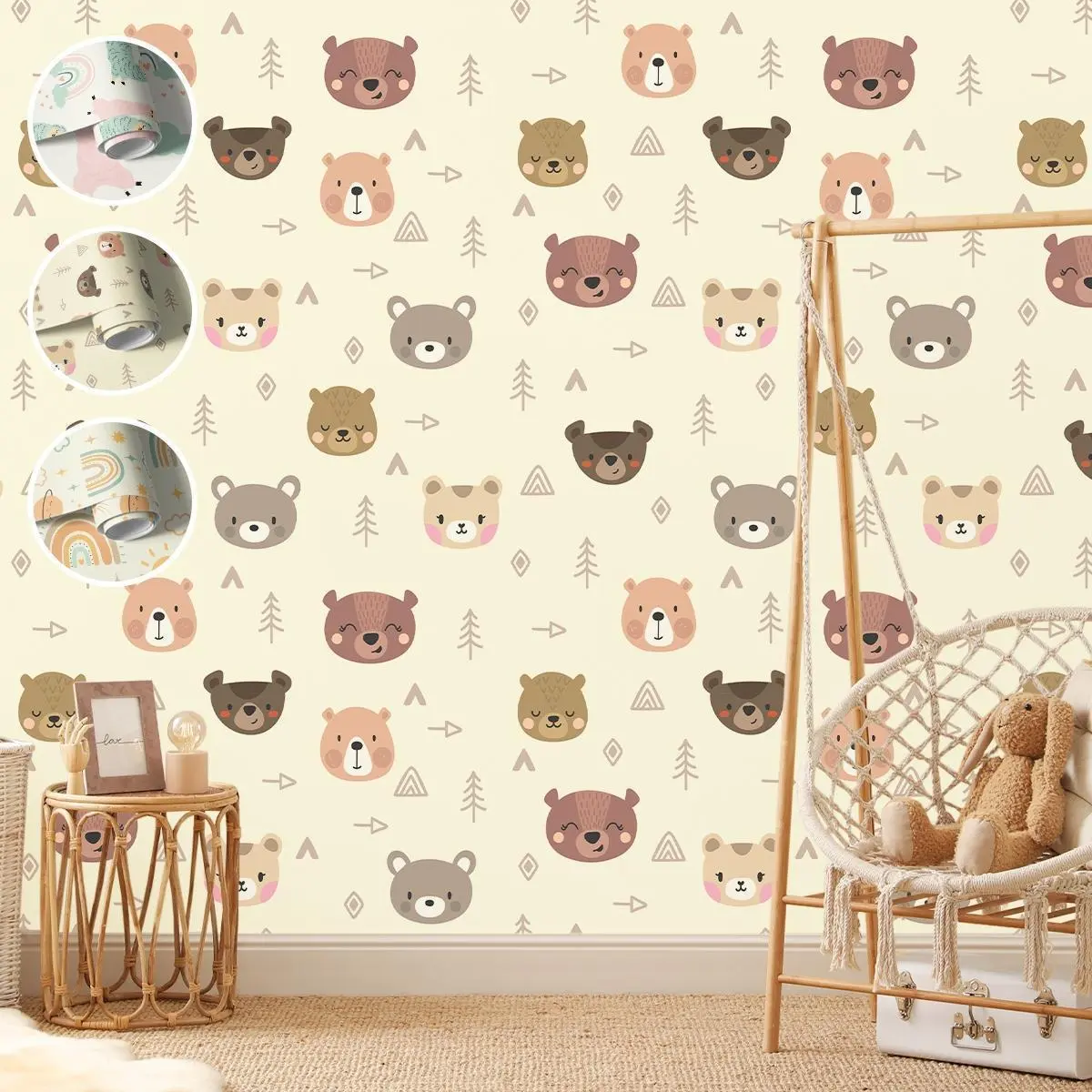 Light beige cartoon bear and forest elements pattern wallpaper, self-adhesive peel and stick, Removable wallpaper, suitable for living room/bedroom background wall, interior walls, furniture surface remodeling, decorative renovation