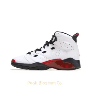White, Black, and Red High-Top Retro Basketball Shoes with Six-Championship Theme and Infrared Accents