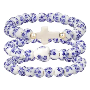 OIDEA Blue and White Porcelain Ceramic Bracelet Set 3Pcs Beaded Cross Heart Bangle for Women, Bracelets