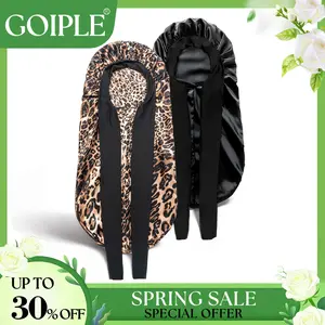【Spring Glow-Up】Women's Satin Braid Bonnet - 2 Count Large Long Silk Sleep Cap with Stretchy Tie Band for Braid Multifunctional Elastic Heatless (Black&Leopard Print)