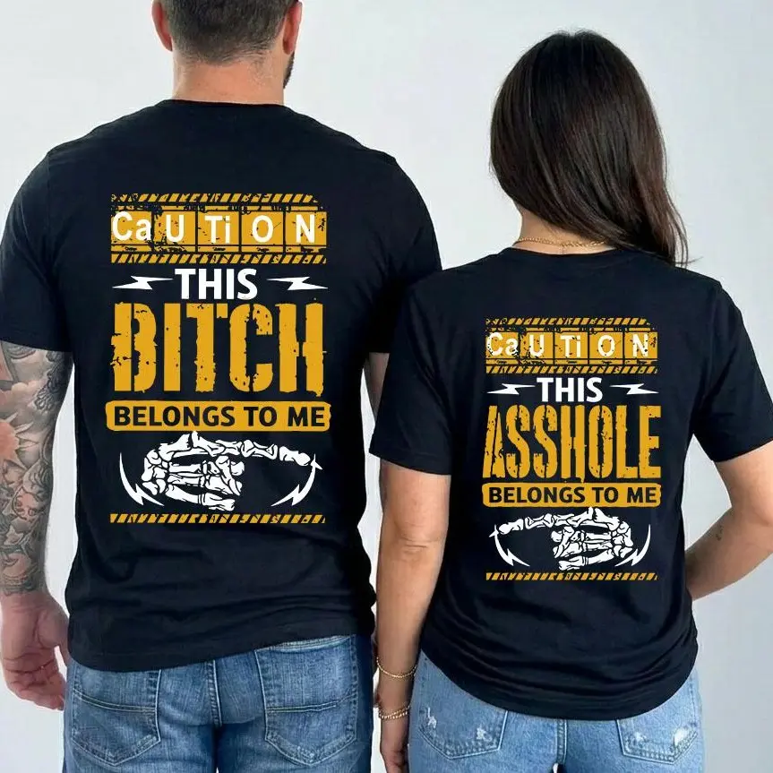 Matching Couples Basic Top with Funny Graphic Print, Casual "A-hole/B-tch" Short Sleeve Shirt in Durable Fabric, Soft Cotton, Fitted, Biker, Clothes, Everyday, Unisex Fit, Funny Print, Do Not Dry Clean, Gift For Partner, Gothic, Shortsleeve, Casual Fit