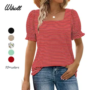 WIHOLL Tops for Women Summer Casual Ruffle Trim Sleeve Square Neck T Shirts