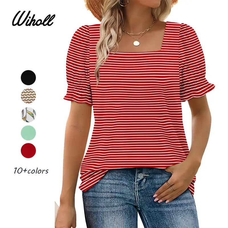 WIHOLL Tops for Women Summer Casual Ruffle Trim Sleeve Square Neck T Shirts