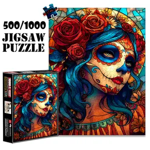 1pc 1000 piece adult puzzle 70x50cm Sugar - Skull Woman with Roses and Colorful Makeup 500 pieces of paper jigsaw puzzle, suitable for adults and families, large-scale DIY puzzle interactive toy