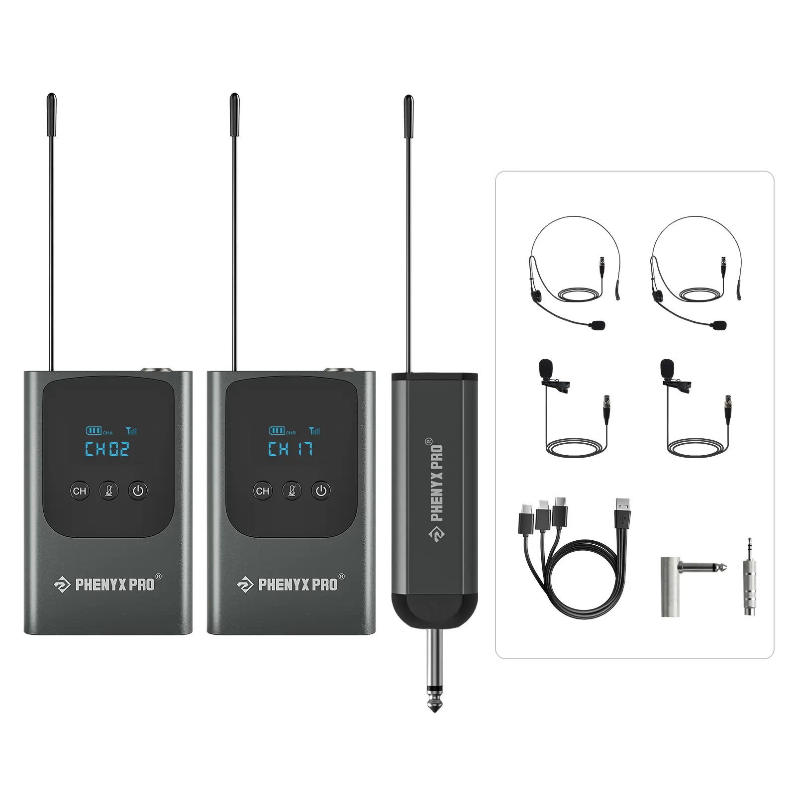 Phenyx Pro Dual Digital Wireless Microphone System, Portable Mini Receiver, 2x15 UHF Frequencies, 2 Bodypack Transmitters, Headset/Lapel Microphone for Singing, Karaoke (PDP-2-2B)