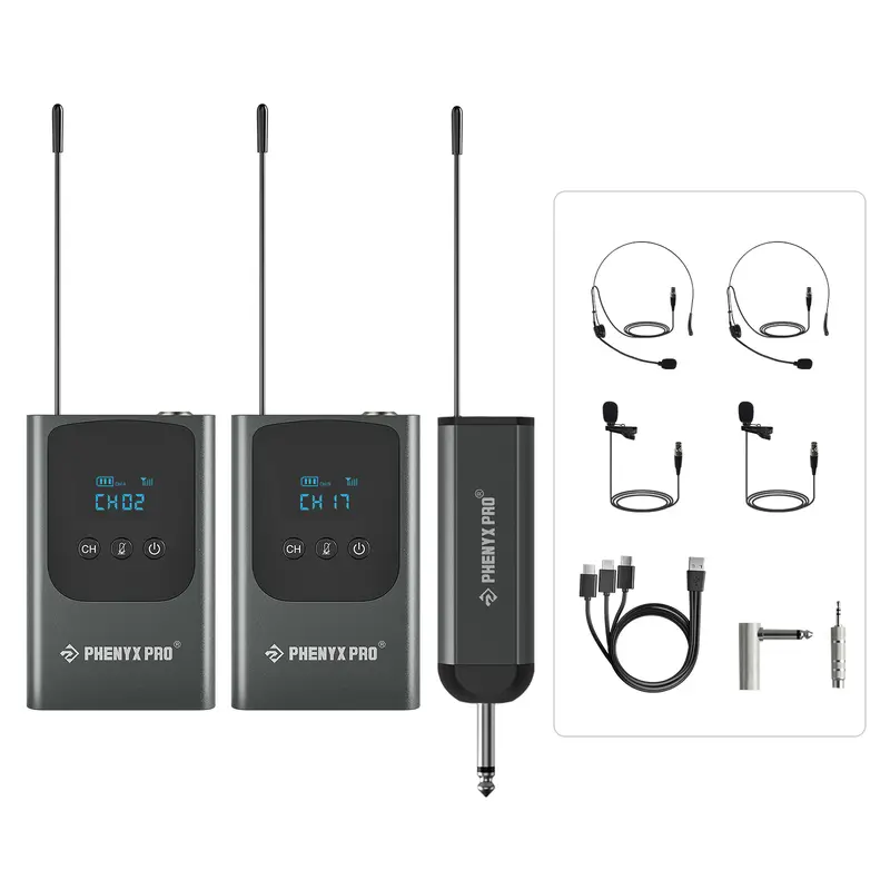 Phenyx Pro Dual Digital Wireless Audio Microphone System (PDP-2-2B) – Dual Mic with Digital Signal, Plastic USB Portable Mini Receiver, 2x15 UHF Frequencies, 2 Bodypack Transmitters, 2 Headsets, Lapel Mics for Singing, Karaoke