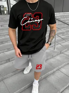 Men's Chicago 23 Graphic Two-Piece Tracksuit - Soft Breathable Black Fitted T-Shirt & Shorts Set with Checkered "23" Print, Elastic Waist Drawstring Shorts for Basketball Fans & Street Style
