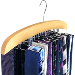 Tie Holder Organizer Rack -  Wooden Tie Hanger with 24 Folding Accessory Hooks for Closet Space Saving