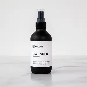 Kin Loch Lavender Linen Spray 4 oz Scented Perfume for Home Linens and Pillows Calming Aroma in White Glass Vessel