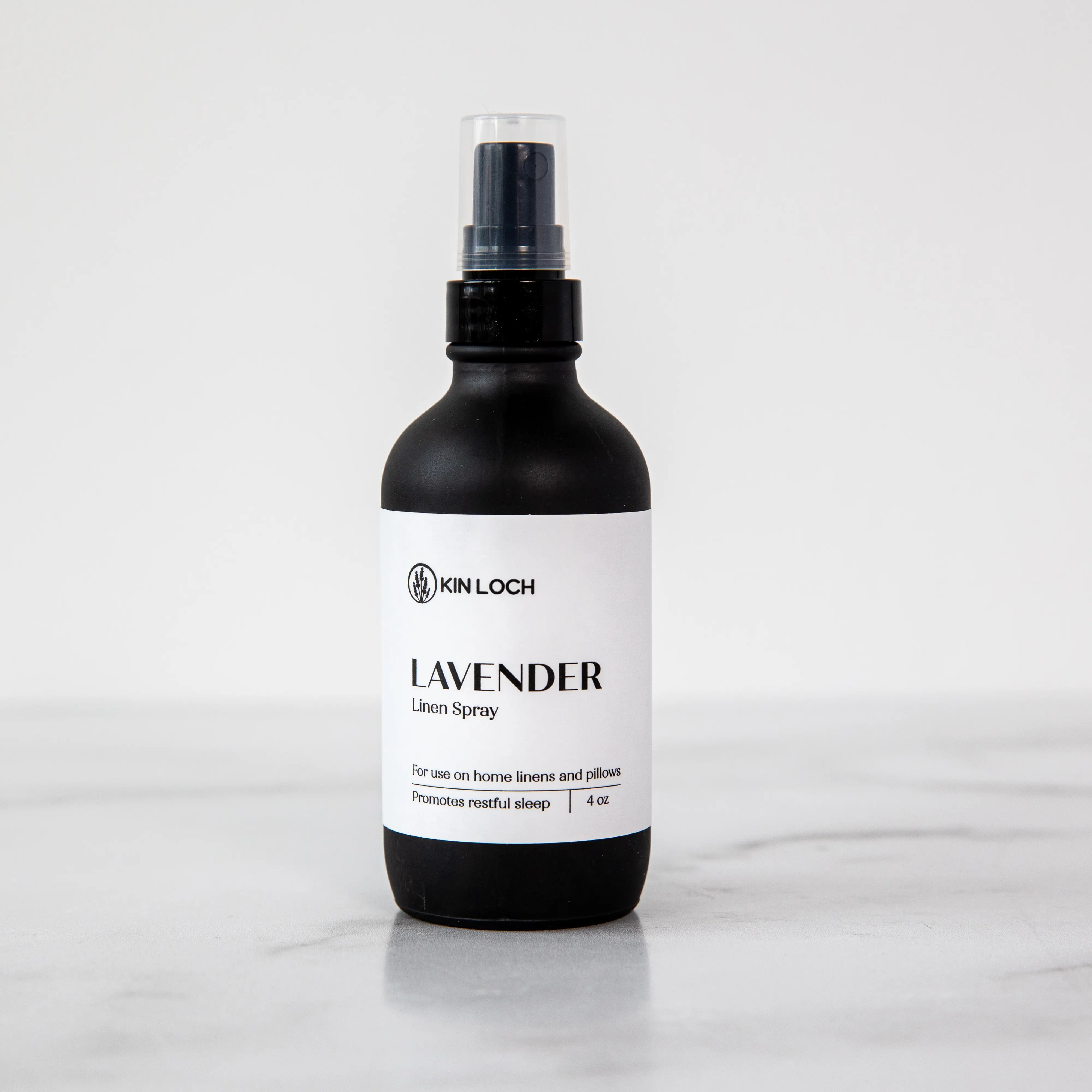 Kin Loch Lavender Linen Spray 4 oz Scented Perfume for Home Linens and Pillows Calming Aroma in White Glass Vessel