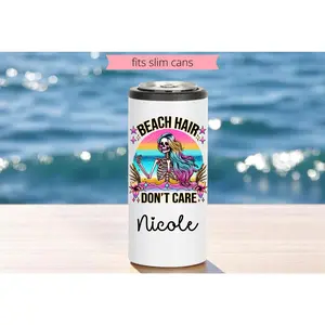 Beach Hair Don’t Care 12oz Skinny Can Coozie – Personalized Colorful Skeleton Slim Can Cooler