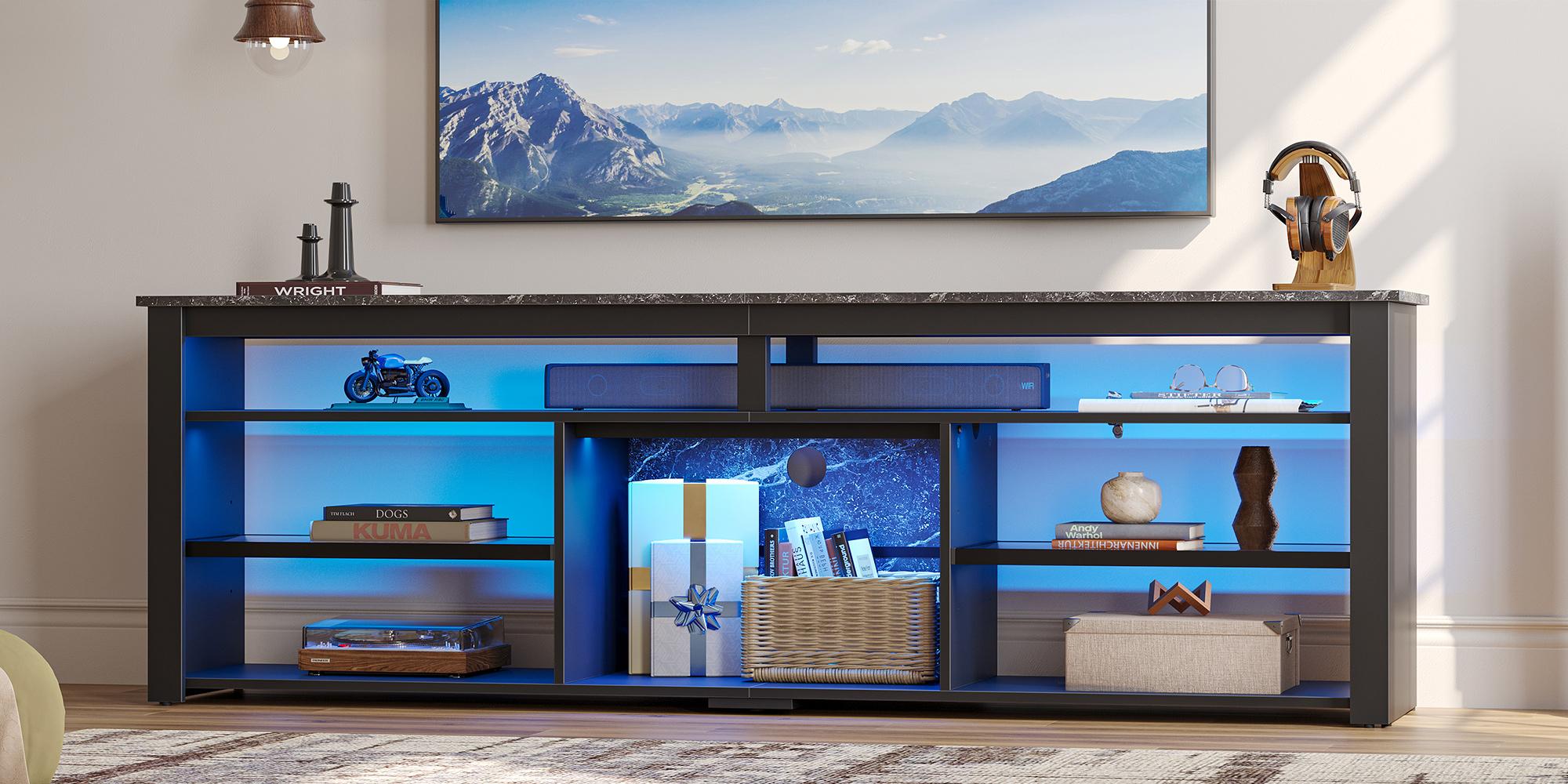 Bestier High Gloss LED TV Stand (67/70in) - Furniture with Storage Drawer, Modern RGB Media Console, Water Ripple Acrylic Side Panels, Remote Color-Changing Lights, Fits Up to 75in TV for Living Room, Apartment & Gaming Room Supplies, Room Decor, House Fu