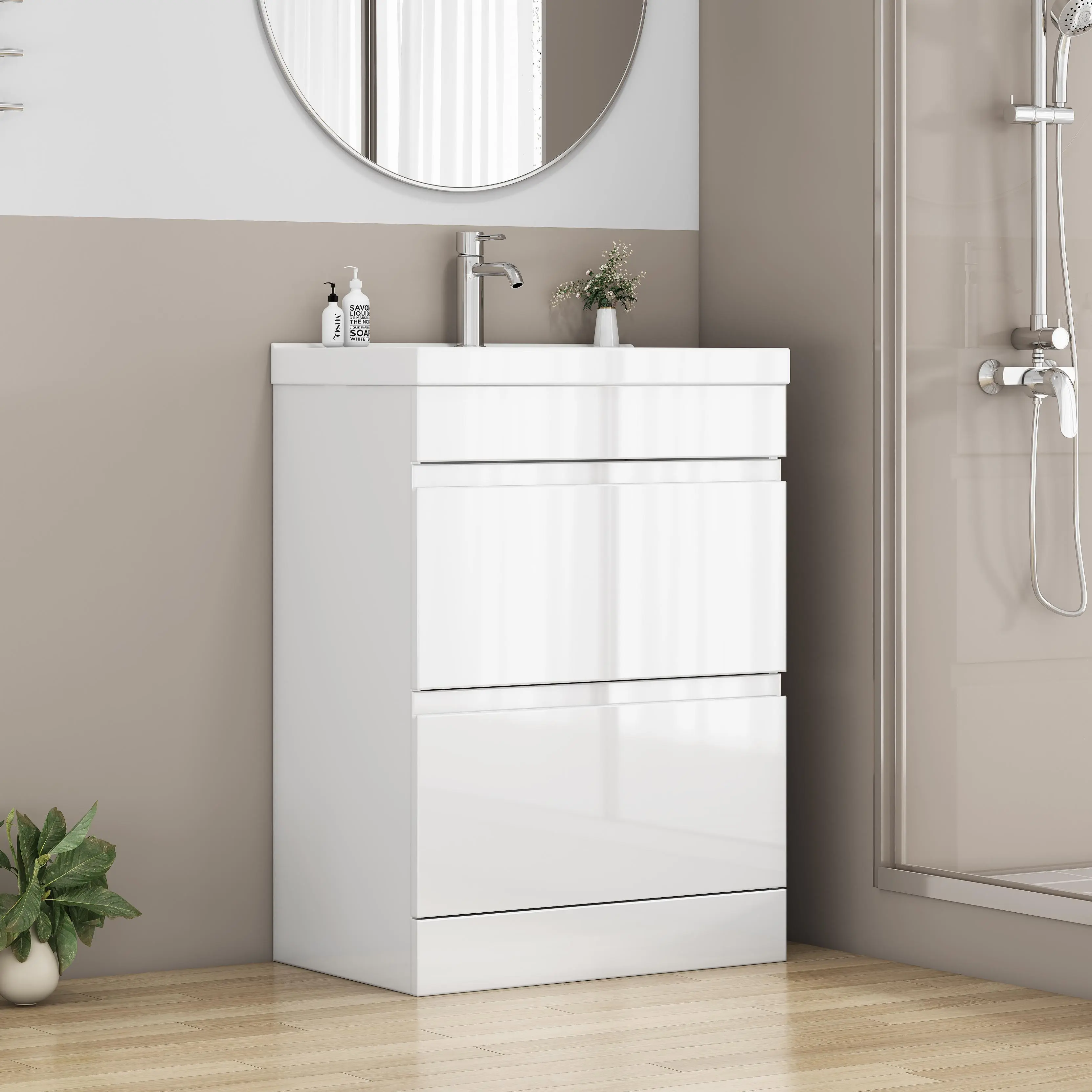 24-Inch Bathroom Vanity with Sink Combo, Freestanding Floor Cabinet, 2 Soft-Close Drawers, Thick-Edged Ceramic Basin, Handle-Free Design, Glossy White Finish, Quick Assembly, Modern Bathroom Storage Cabinet, Bathroom Furniture for Vanity Area