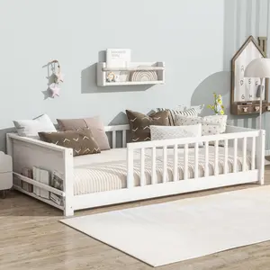 Twin Size Floor Bed with Storage, Rubber Wood Platform Bed with Built-in Book Rack and Slats