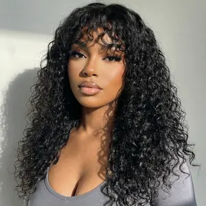 UNice Shaggy Waves Big Hair Wigs with Bangs Glueless 4X0.75 Lace T Part Human Hair Wigs Pre-Styled Wig with invisi Drawstring