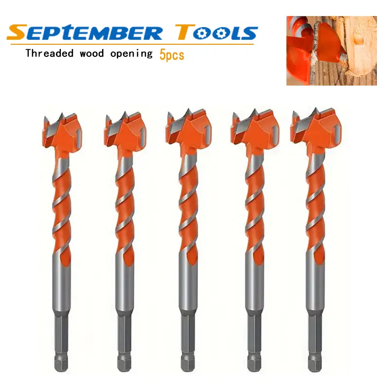 5pcs Brand New High-Quality Carbide Edge Extended Threaded Rotary Forstner Bits (16/18/20/22/25mm) with Hex Shank, Drill Bit Extension, Door Lock Hole Opener for Wooden Boards, Woodworking Power Tool Accessory