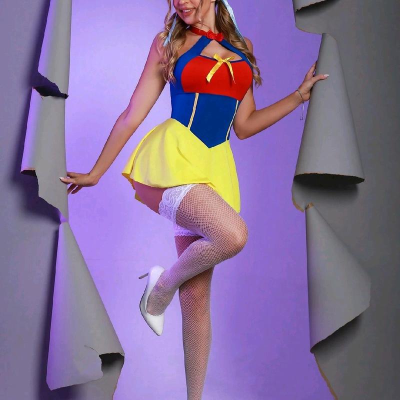 Snow White Fantasy Costume Color Block Bow Front Costume Dress without Stockings for Women - Accessories, Womenswear snow white costume Halloween