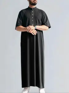 Men's Middle Eastern Traditional Clothing Long Sleeve Stand Collar Robe Authentic Saudi Thobe with Ethnic Embroidery, Ramadan Festival Apparel