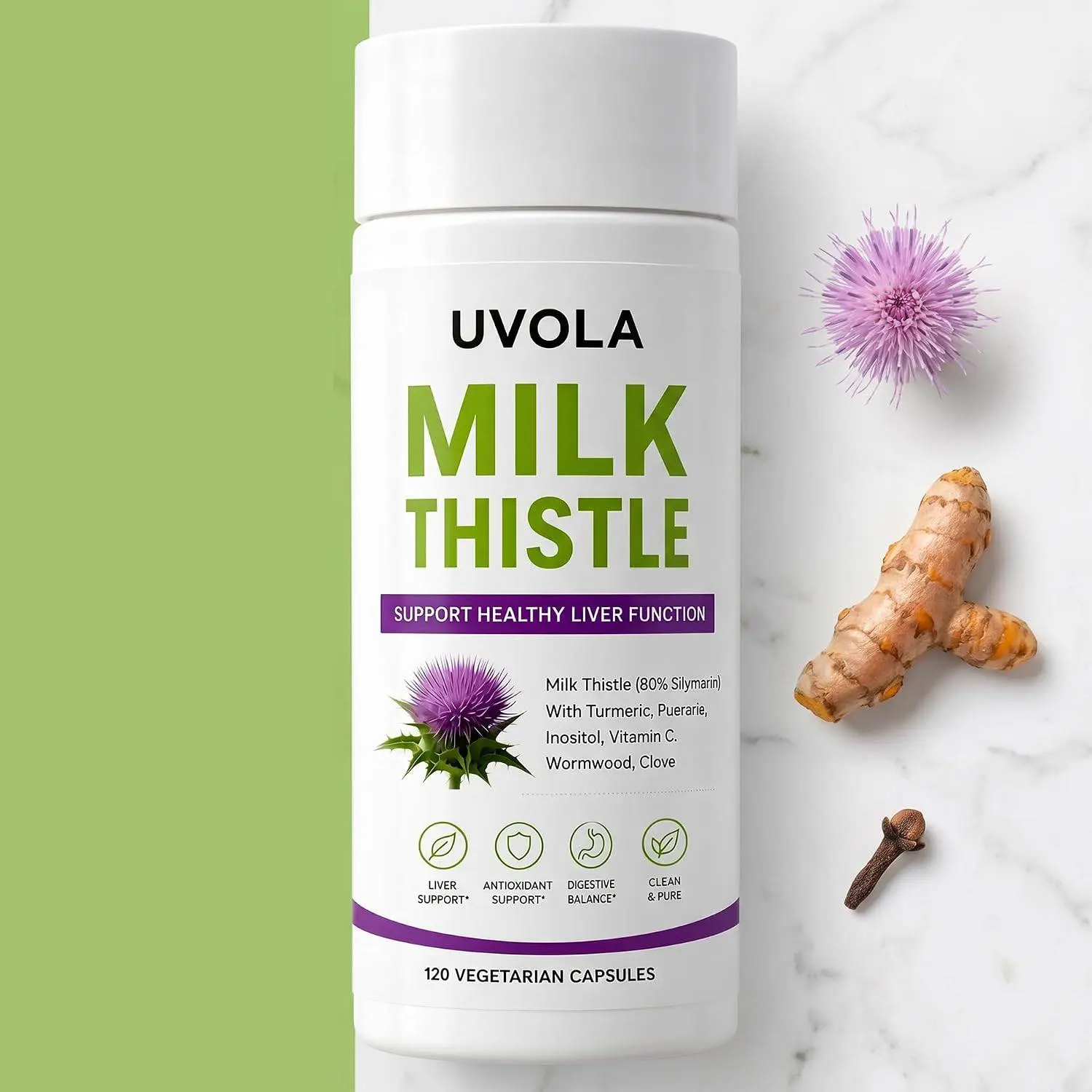 Milk Thistle Liver Support Supplement with 80% Silymarin, Inositol, Turmeric, Clove, Vitamin C and L-Methionine, Digestive and Antioxidant Support, 120 Capsules (1)