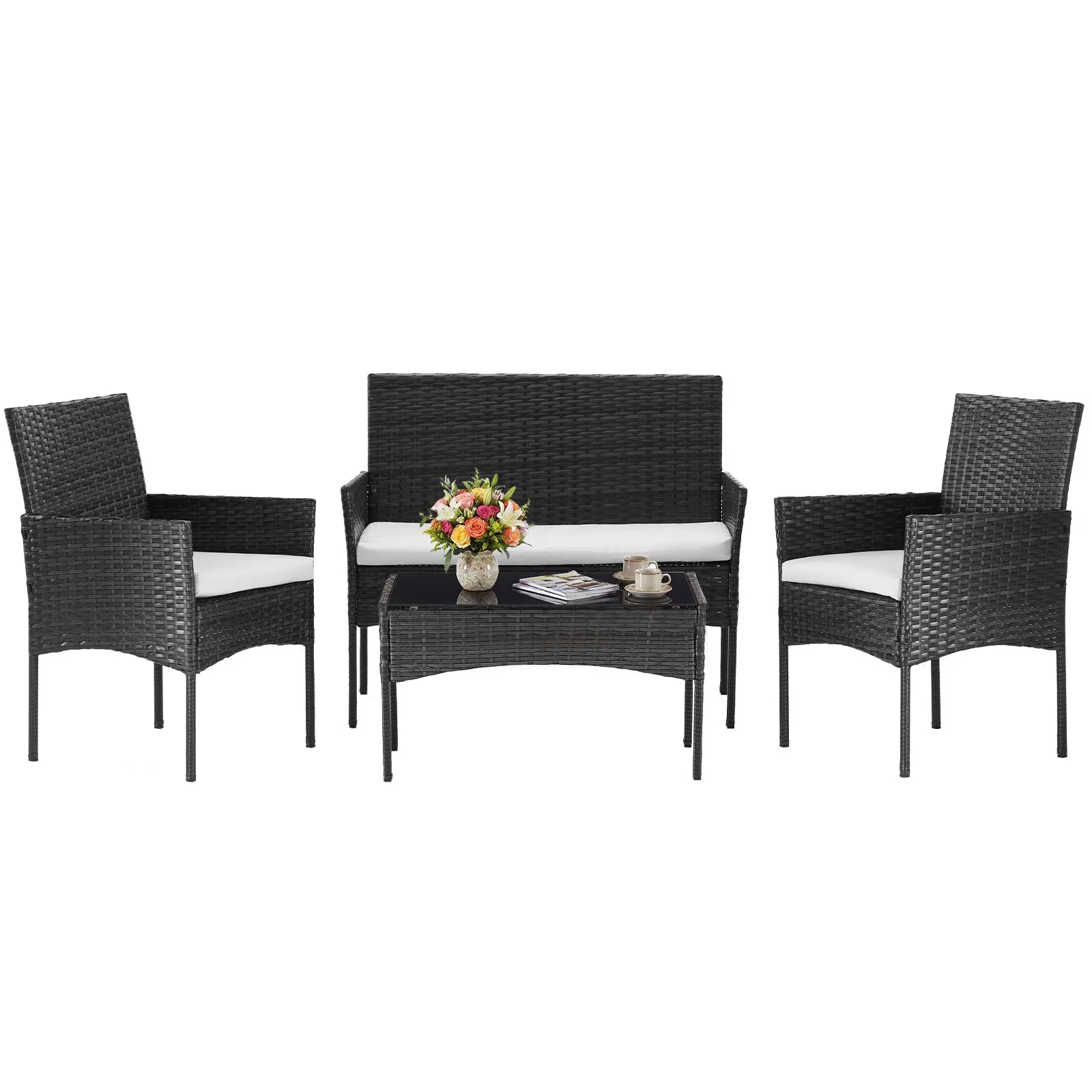 Rust-Proof 3/4 Piece Patio Furniture Set, All-Weather PE Rattan Wicker Chairs with Removable Cushions, Tempered Glass Bistro Table for Porch Balcony