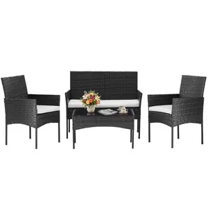 Rust-Proof 3/4 Piece Patio Furniture Set, All-Weather PE Rattan Wicker Chairs with Removable Cushions, Tempered Glass Bistro Table for Porch Balcony