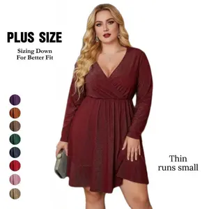 Plus Size Women's Black Glitter Dress V Neck Long Sleeve Ruffle Hem Swing Club Cocktail Party Dresses Formal Fit Soft Fabric Comfy Womenwear Nylon Spandex Stretchy Mother Bride Dress Quinceanera Dress Prom Wedding Guest Dresses Womenswear Wrap Thin