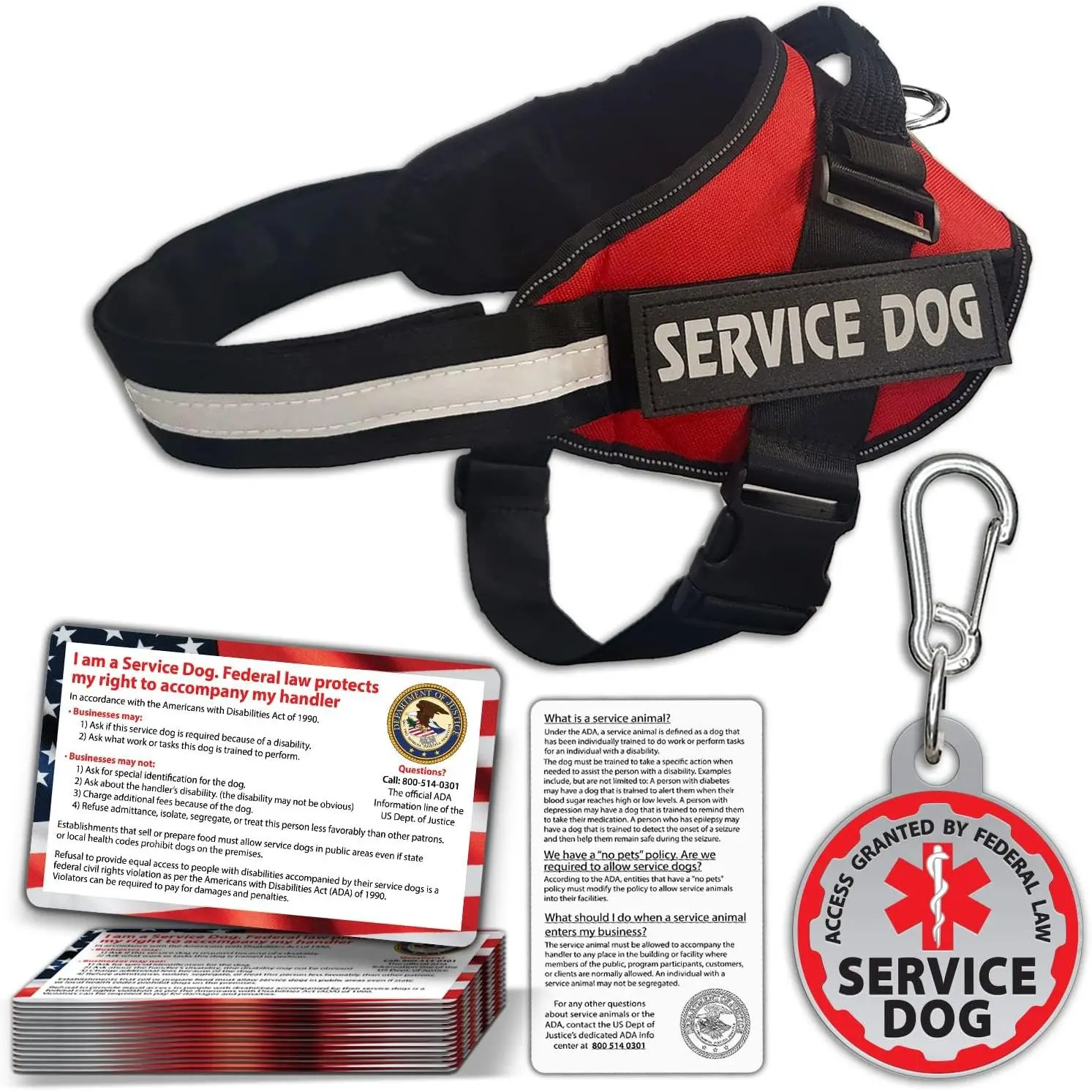 Service Dog Vest + ID Tag + 50 ADA Information Cards - Service Dog Harness in Sizes X Small XX Large, Metal Dog Tag has Durable Clip, Service Animal Information Cards are 2-Sided. ESA Accessory Set