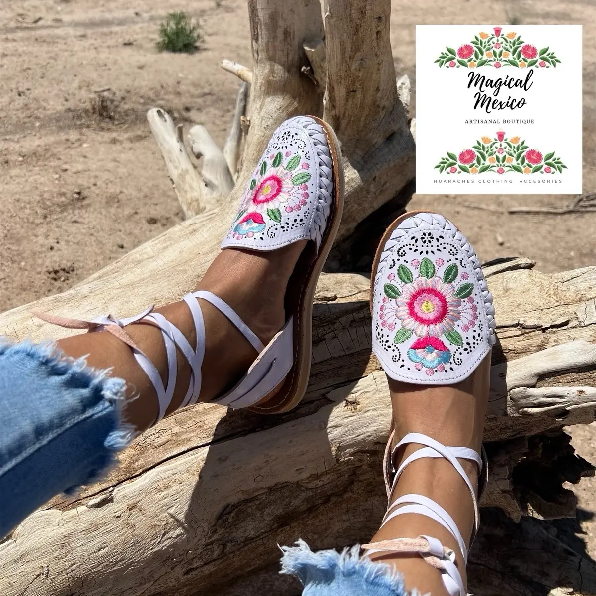 Huarache sandal white embroidered/ boho hippie sandals white / Mexican sandals white/ huarache women with flowers/ wedding sandals lace up
