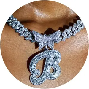 Cuban Link Chain for Women Cursive Sier Initial 14MM Diamond Prong Cuban Chain Hip Hop Iced Out Chain Necklace Butterfly Initial Letter Name Necklaces for Women