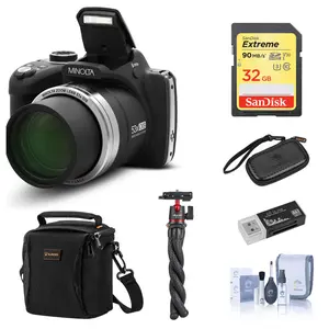 Minolta MN53Z 16MP FHD Digital Camera with 53x Optical Zoom, Wi-Fi, Black Bundle with Shoulder Bag, Octopus Tripod, 32GB SD Card, Reader, Card Case, Cleaning Kit