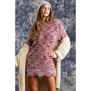 Umgee Full Size Distressed Hem Multicolored Round Neck Knit Tunic Dress Plus Size