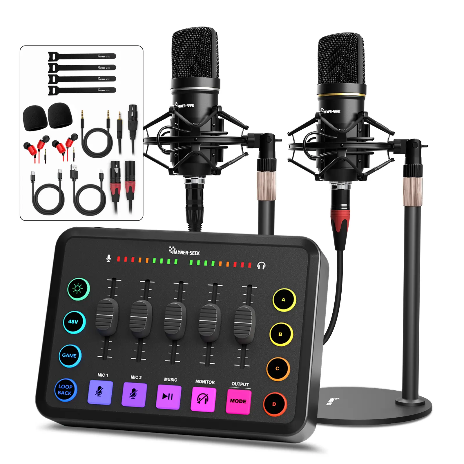 Hayner-Seek Gaming Audio Mixer, RGB Streaming Mixer with XLR Microphone Interface, Audio Fader, Monitoring, 48V Phantom Power for PC/Phone/Streaming/Recording/TikTok